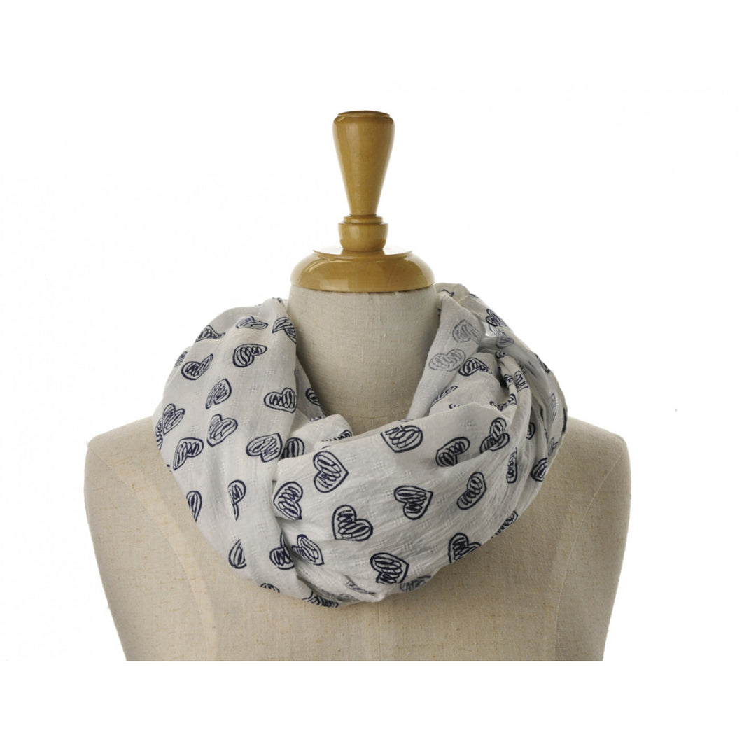 LILLYCO - SNOOD/INFINITY Navy Heart on White Scarf